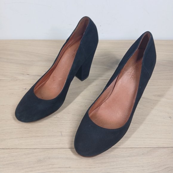 Madewell Black Leather Round Toe Block Heel Classic Office Dress Pumps 421 - Picture 2 of 13
